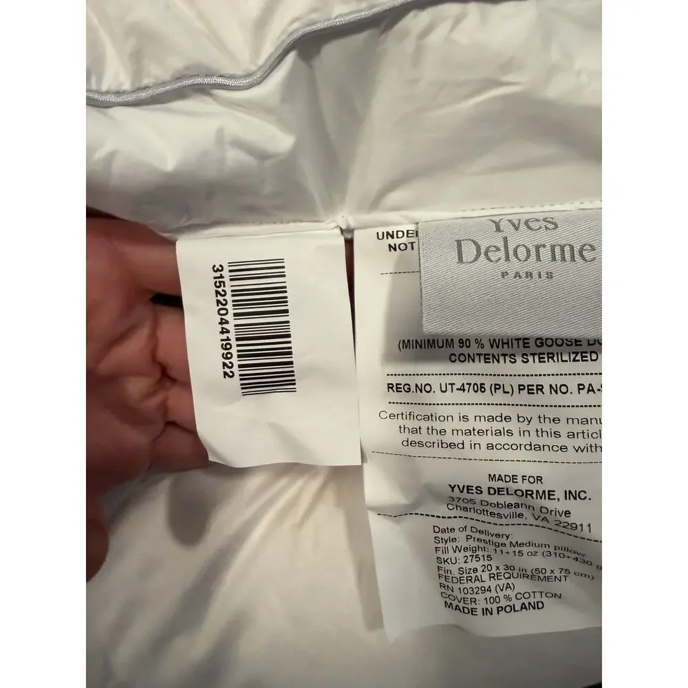 Yves Delorme Prestige Medium Pillow White Goose Down Queen $370 NEW